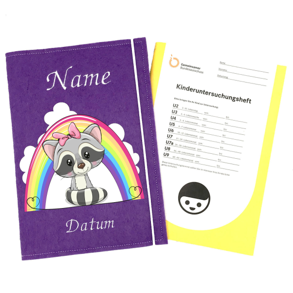 U-Heft Hülle personalisiert Waschbär unter Regenbogen für Mädchen